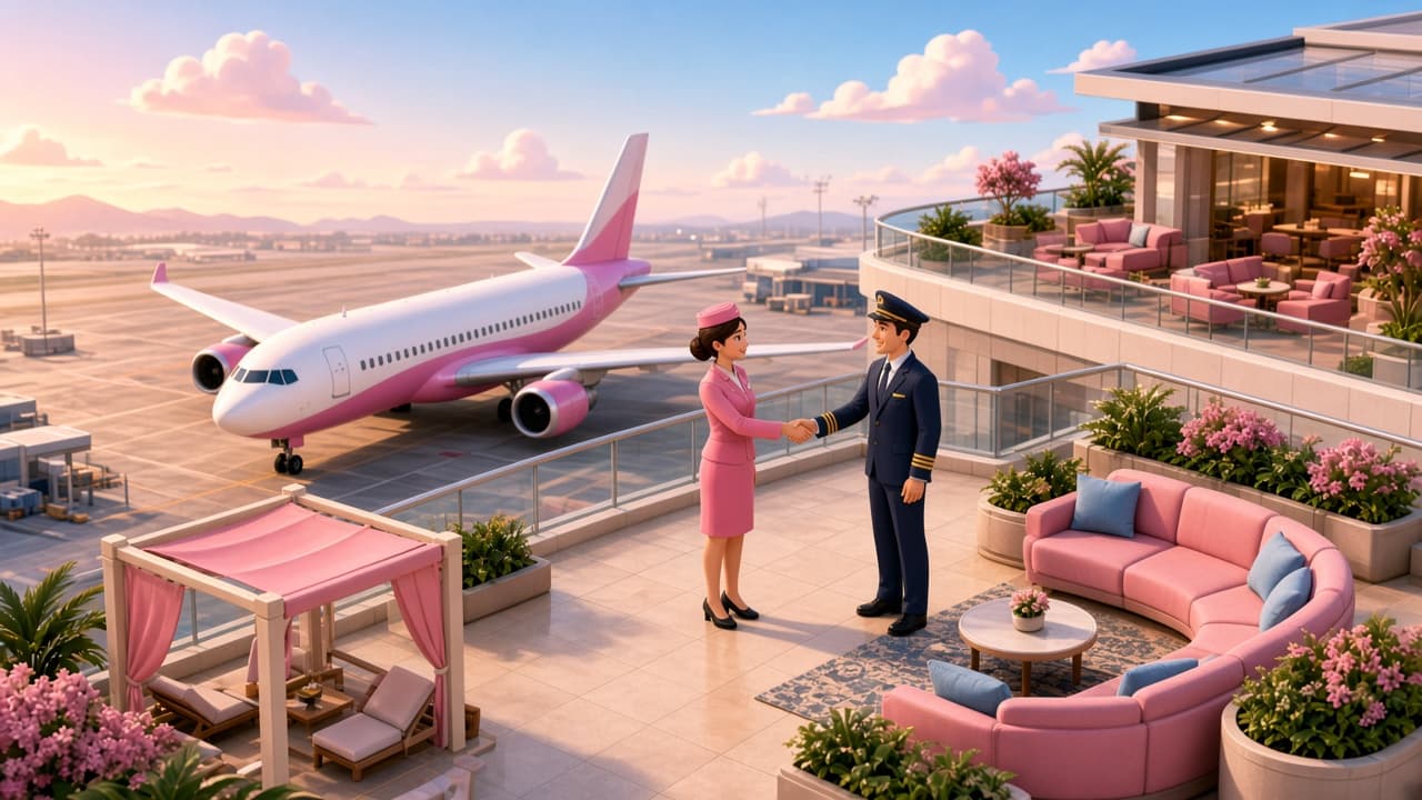 Pilot and cabin crew shaking hands on a pink airport terrace overlooking a jet