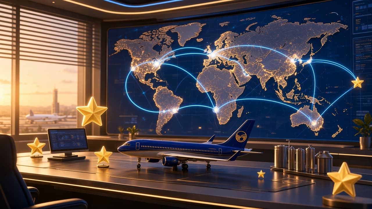 Airline operations center with a glowing world map of flight routes