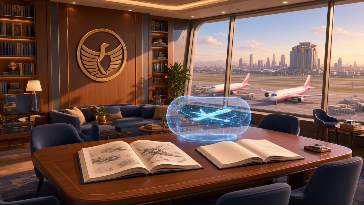 Airport control-tower library overlooking runways at golden hour
